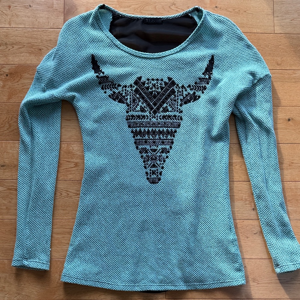 Teal Long Sleeve Top with Rhinestone Bull Design
